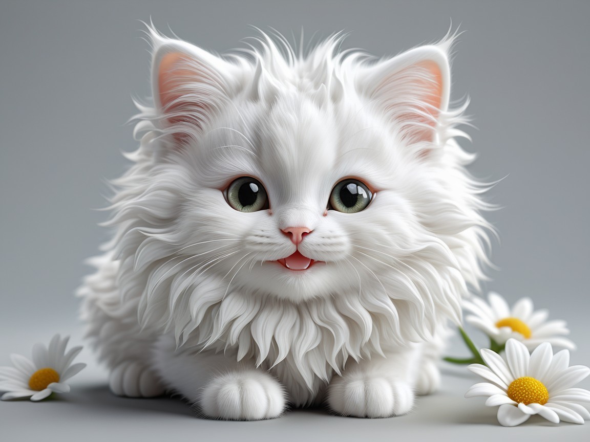 Whimsical Illustration of a Fluffy White Kitten