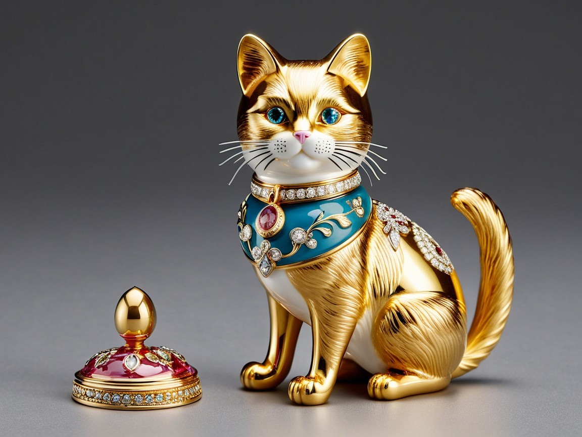 Golden Cat Figurine with Turquoise Collar and Lid