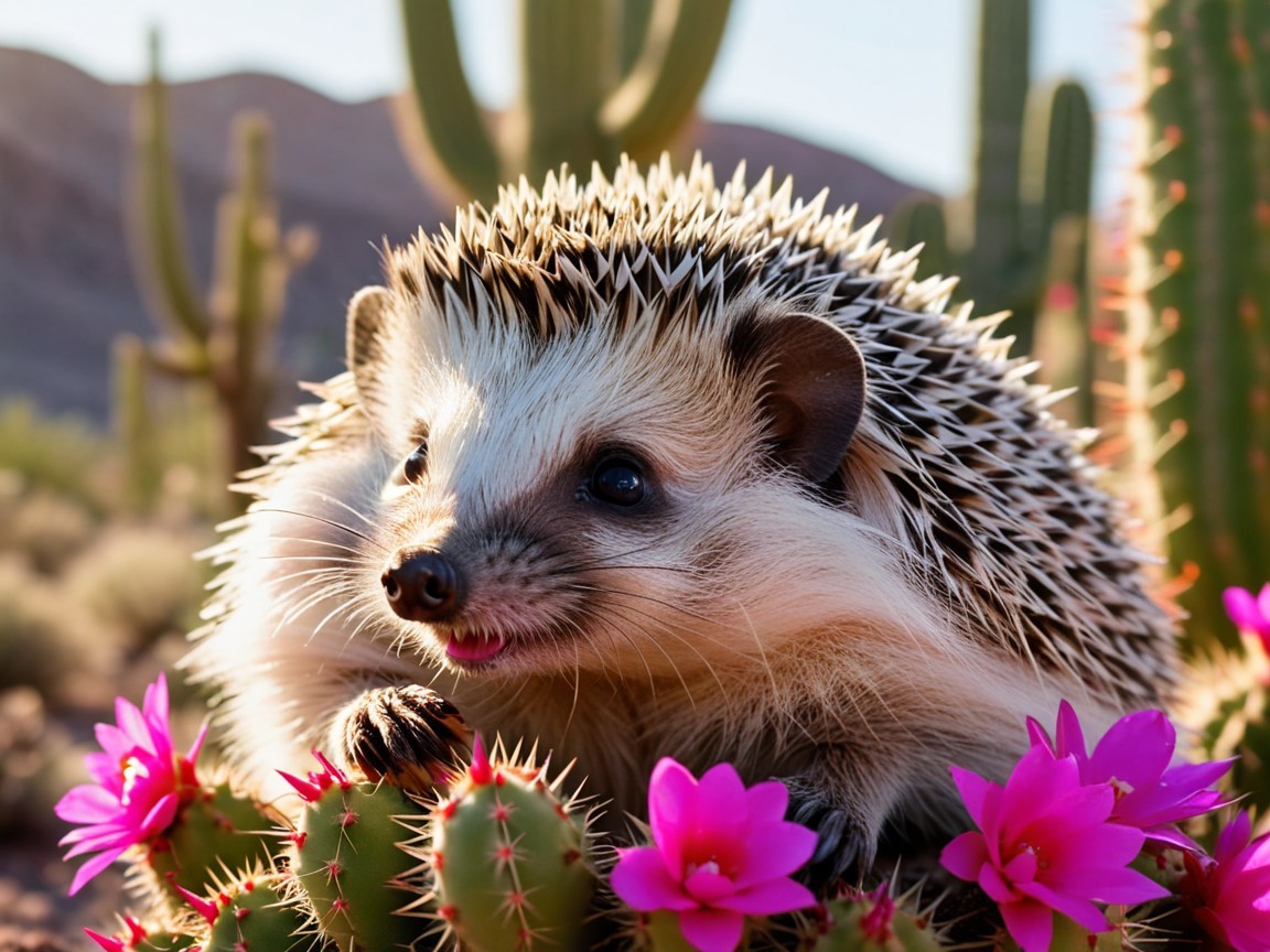 Hedgehog in Pink Flowers and Cacti Landscape