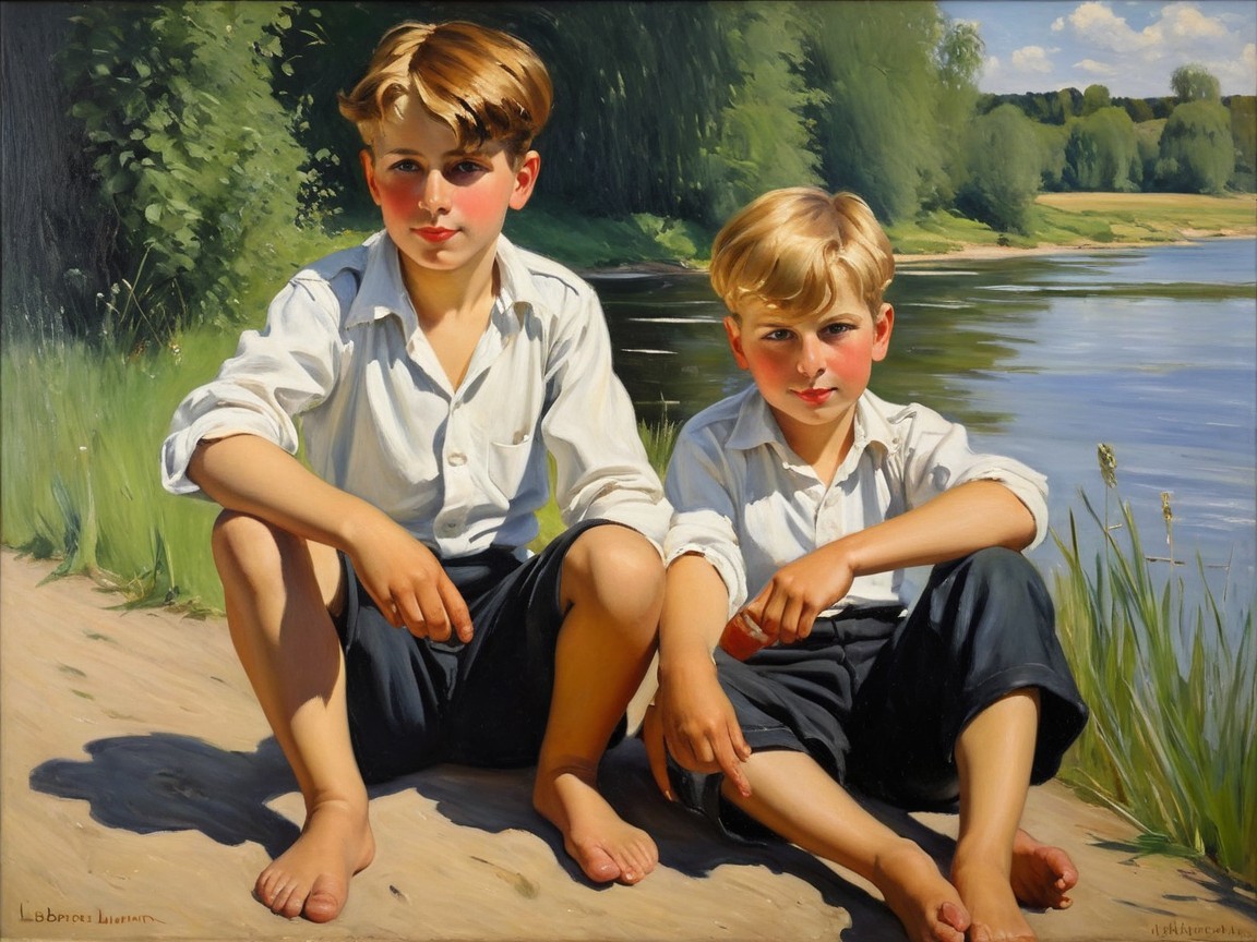 Boys by a Riverbank Surrounded by Lush Greenery