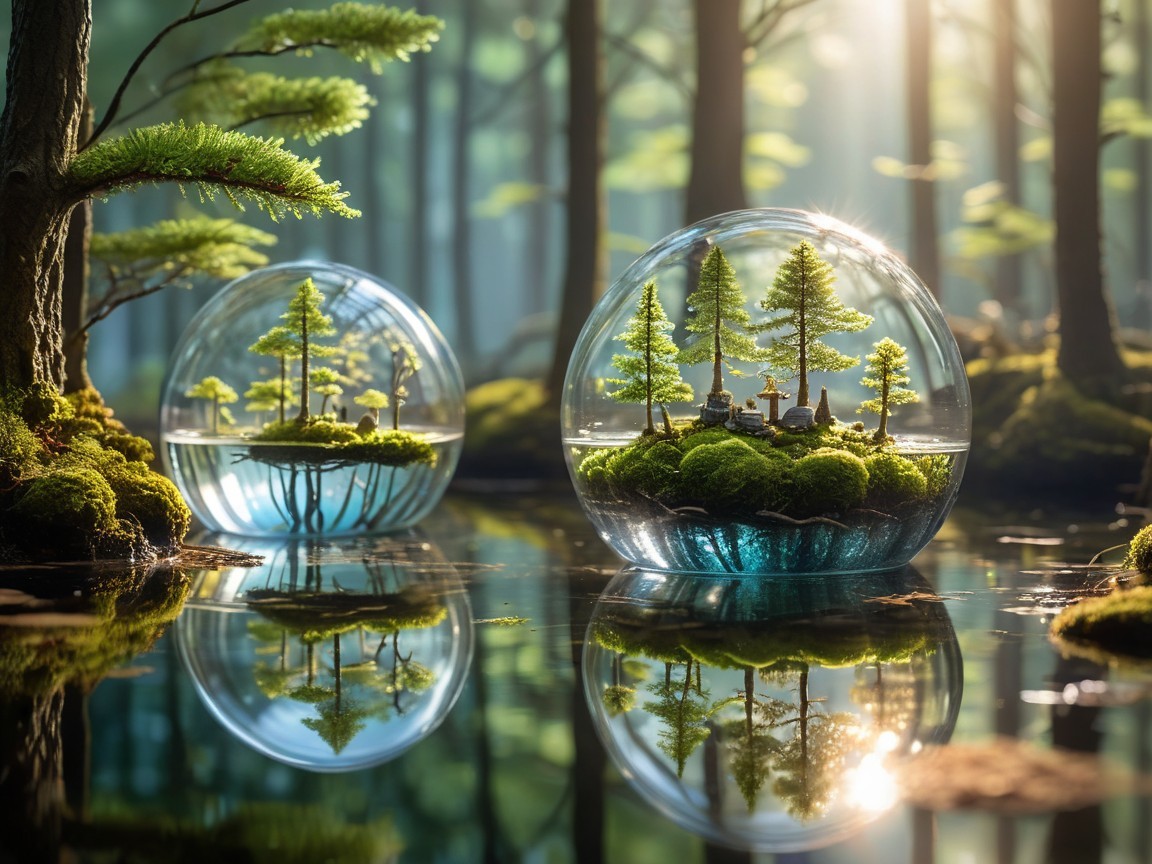 Transparent Glass Terrariums with Miniature Ecosystems