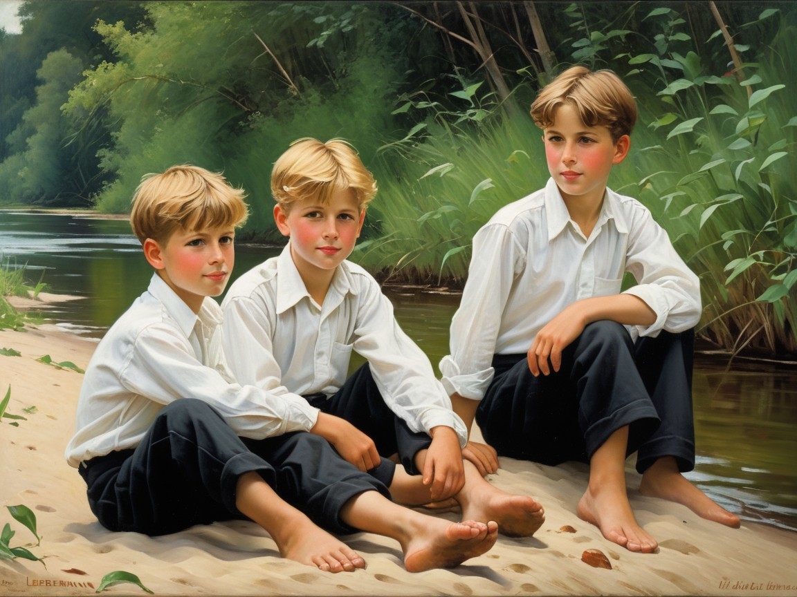 Young boys by a tranquil riverside in summer attire