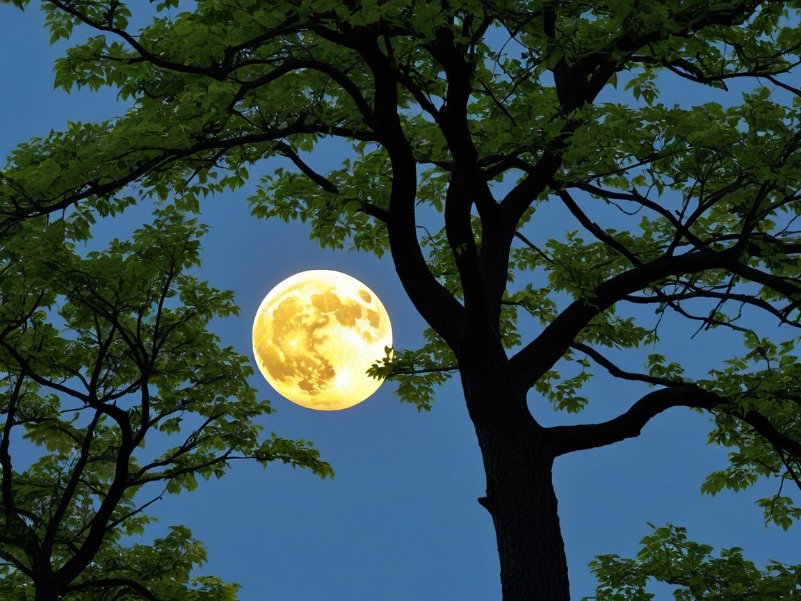 Bright Yellow Moon with Craters in Dark Sky and Trees