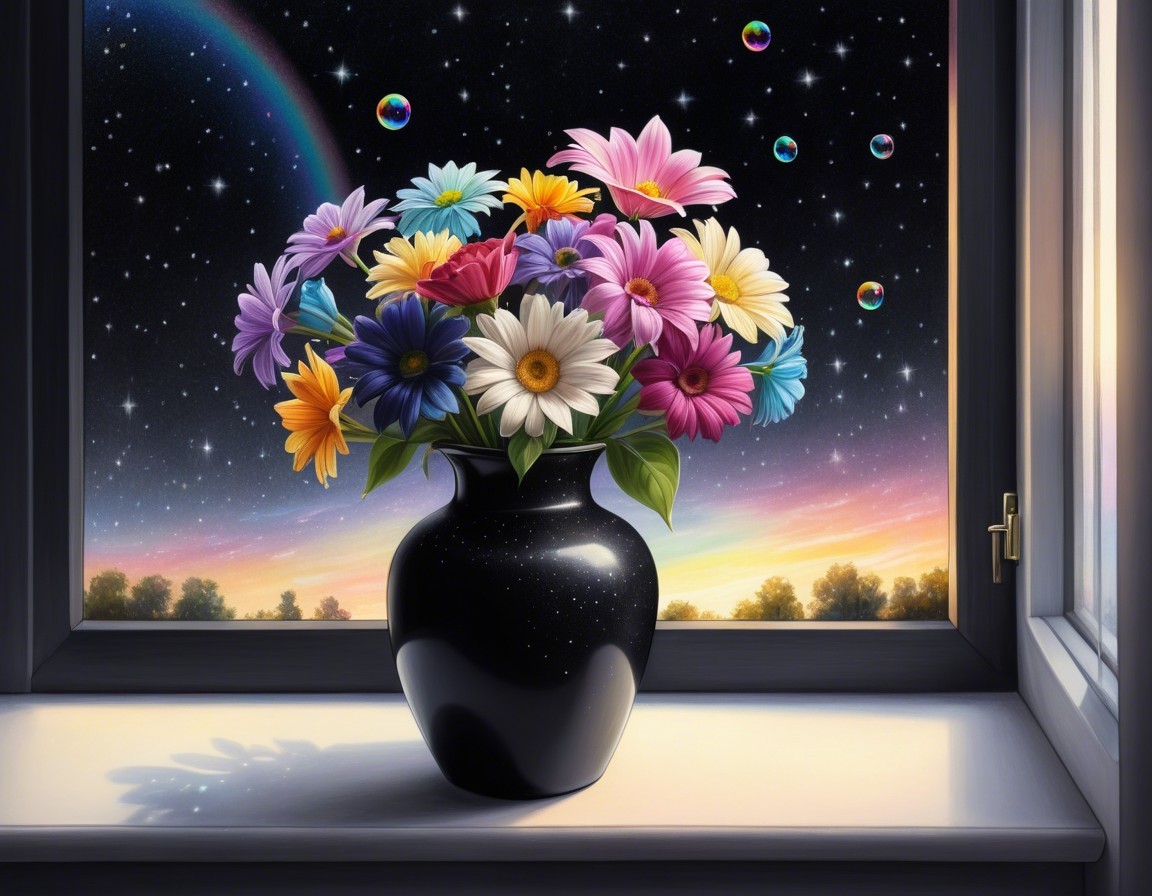 Colorful Flower Bouquet with Cosmic Background Scene
