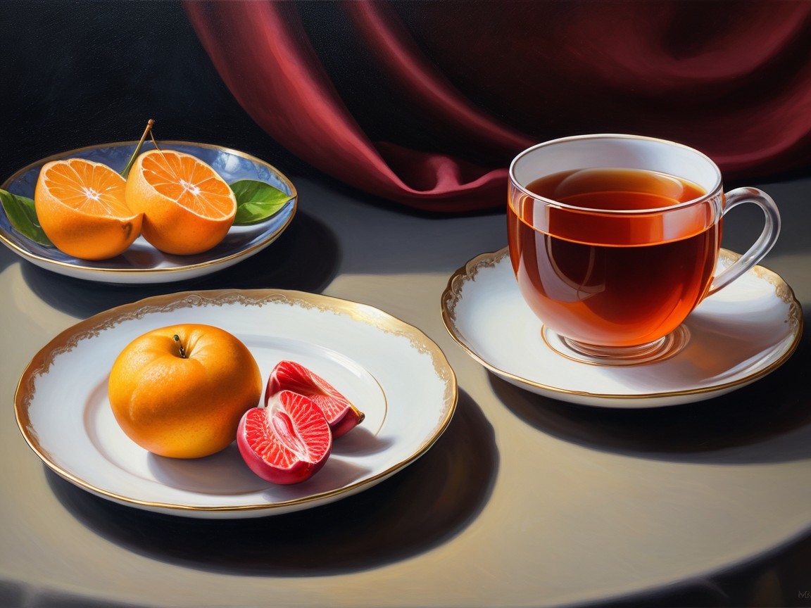 Still Life with Teacup, Fruits, and Draped Fabric