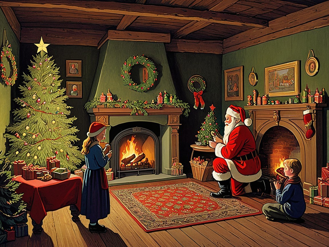 Cozy Christmas Room with Tree, Fireplace, and Children
