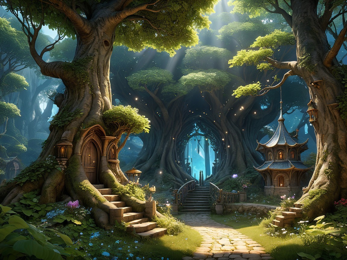 Enchanted forest scene with whimsical cottages and light