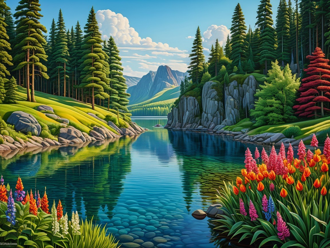 Vibrant Scenic Landscape with Lake and Mountains