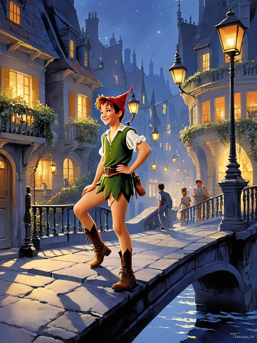 Disney-style illustration of Peter Pan at night