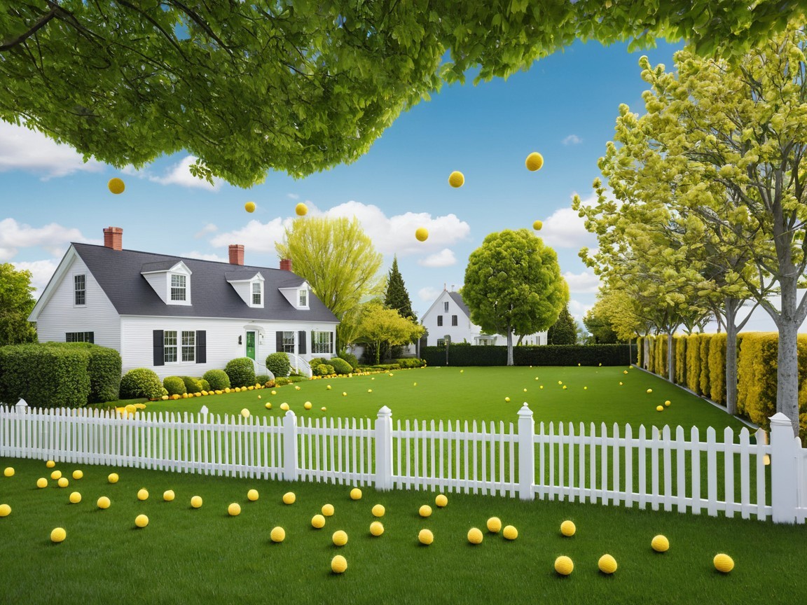 Charming Suburban Scene with White House and Greenery