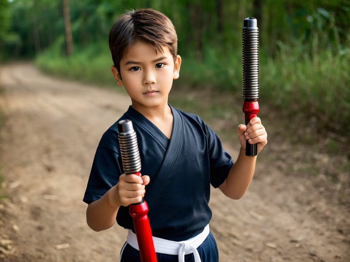 Young Boy in Martial Arts Uniform on Dirt Path