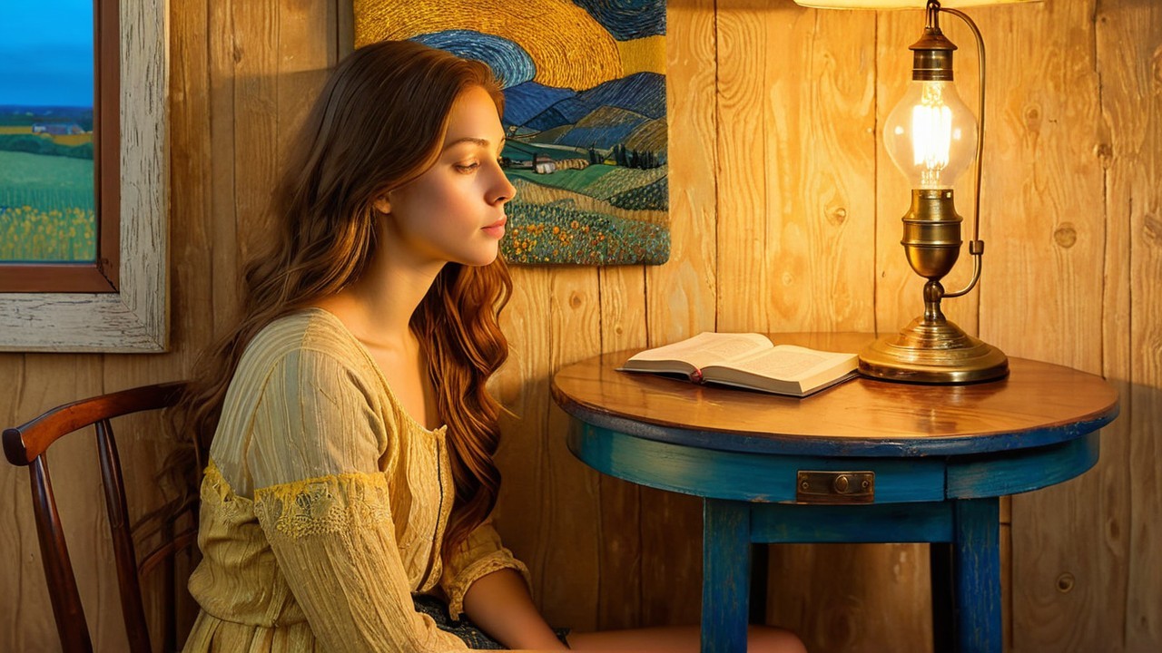 Young woman in serene room with vintage decor