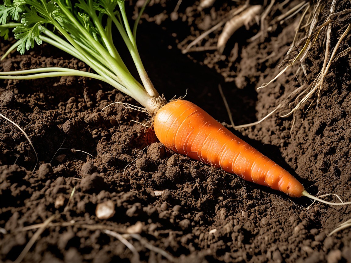 Vibrant Carrot Emerging from Dark Soil with Green Tops