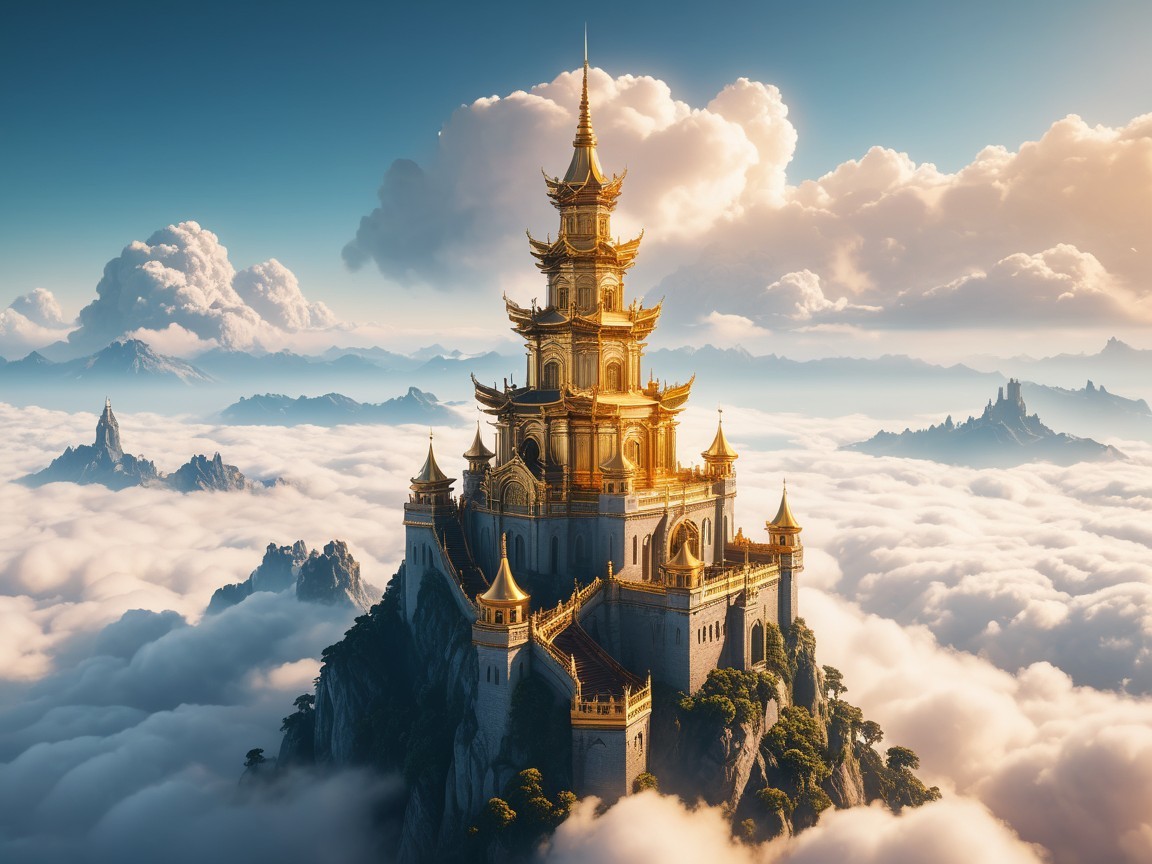 Golden Temple on Mountain Peak Surrounded by Clouds