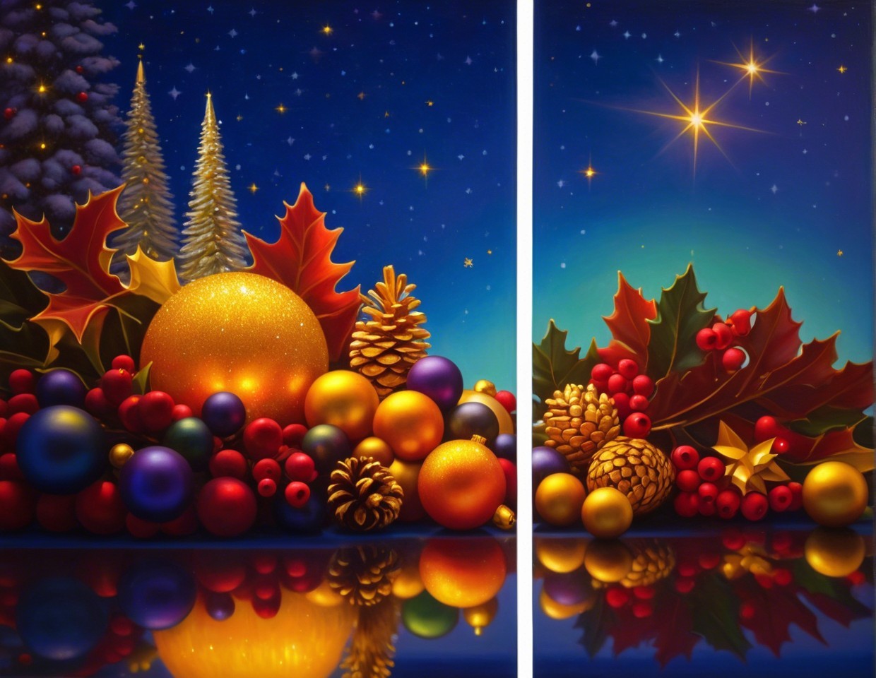 Colorful Christmas Ornaments and Pinecones Still Life