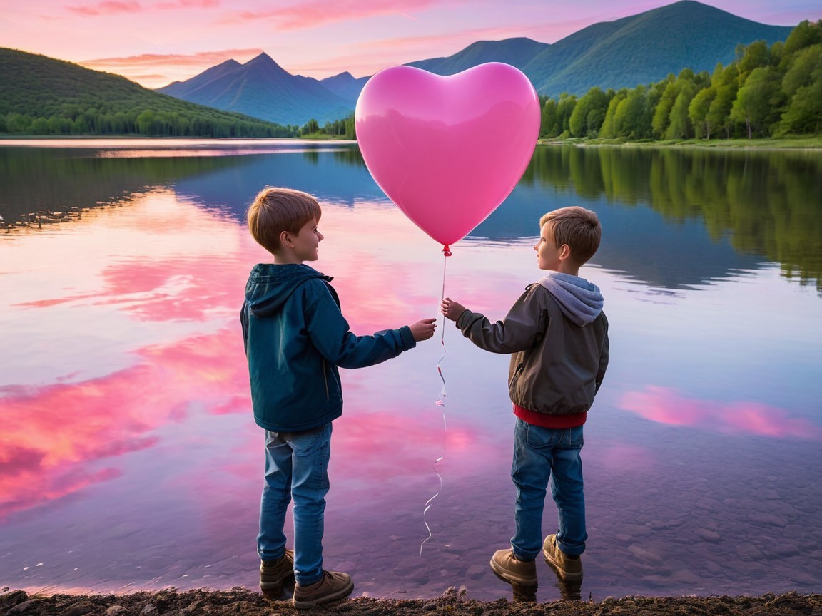 Boys Holding Heart-Shaped Balloon by Serene Lake at Sunset