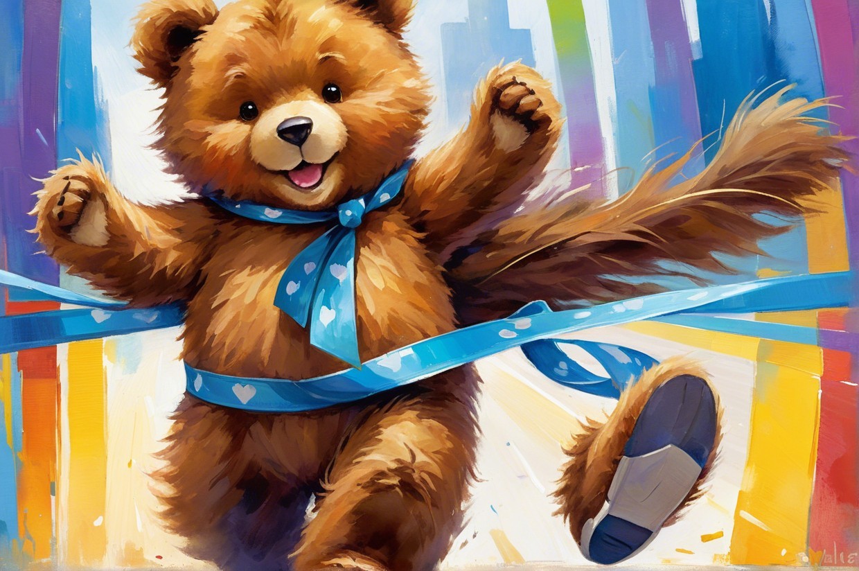 Cheerful cartoon bear crossing finish line with joy