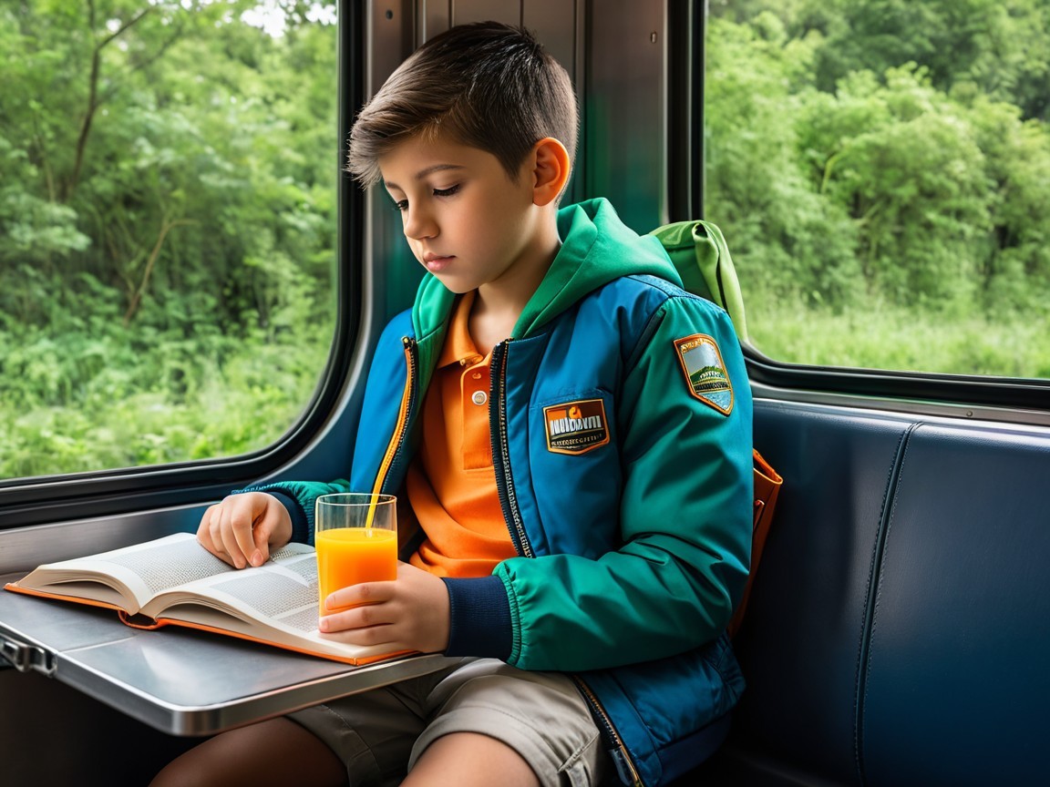 Young Boy Reading on Train with Orange Juice