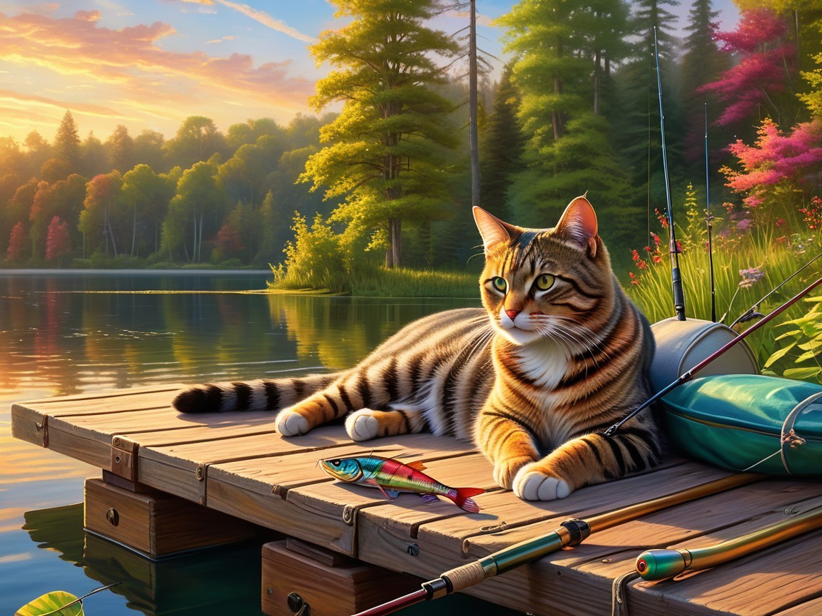 Striped Cat Relaxing on Dock by Tranquil Lake