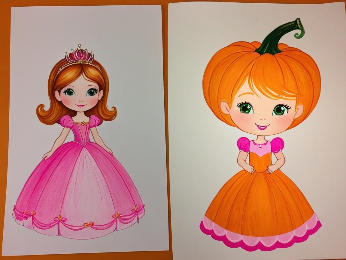 Cartoon Princess and Pumpkin Girl Illustrations Side-by-Side