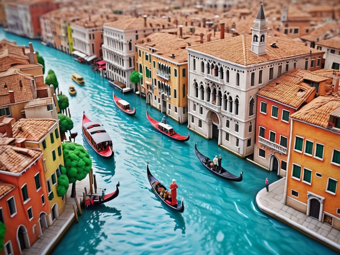 Miniature Scene of Vibrant Venice with Gondolas