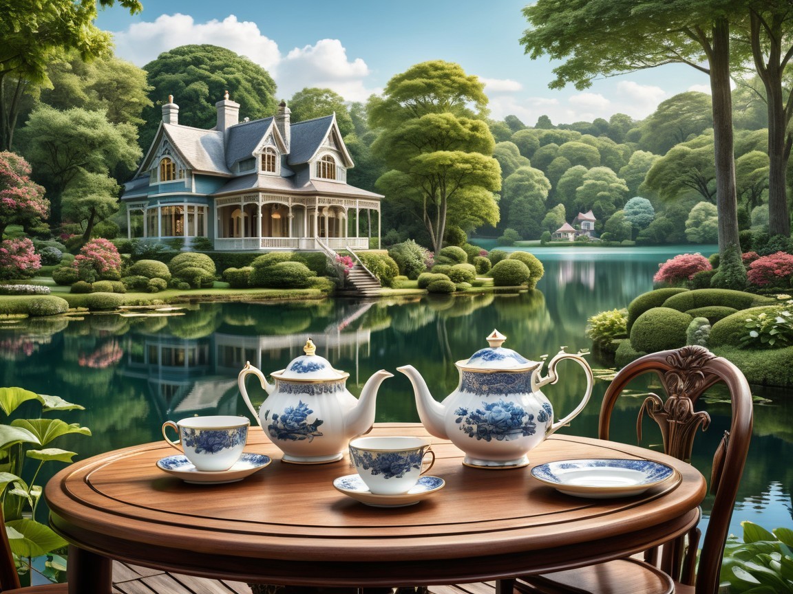 Victorian House by Serene Lakeside with Tea Service