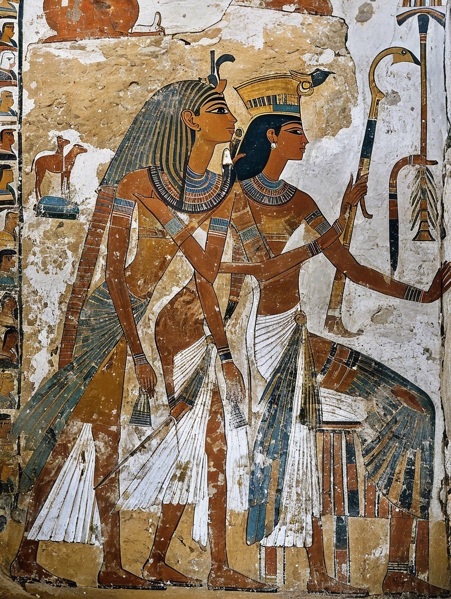 Ancient Egyptian Mural with Figures and Hieroglyphics