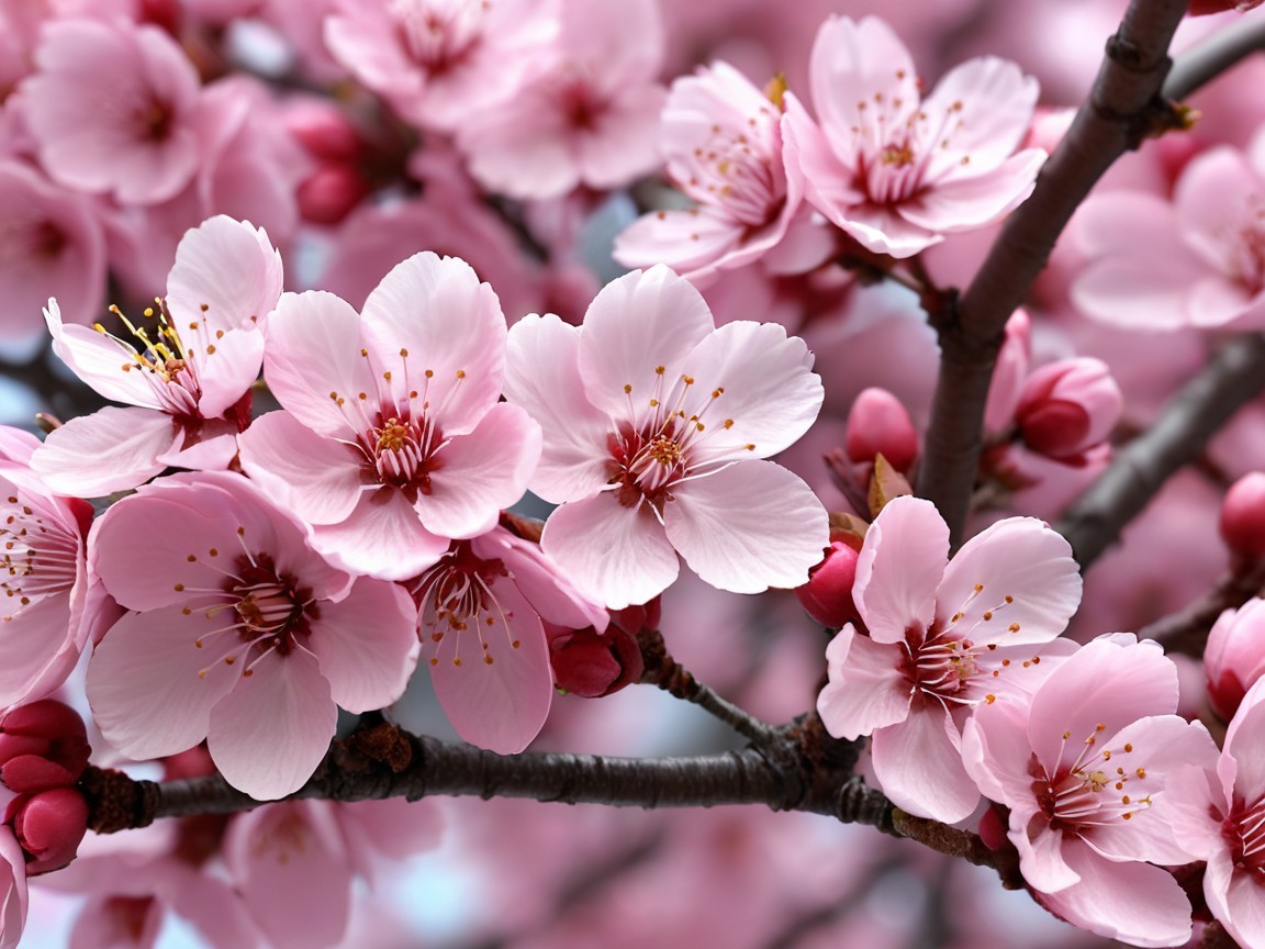 Close-Up of Pink Cherry Blossoms with Green Foliage