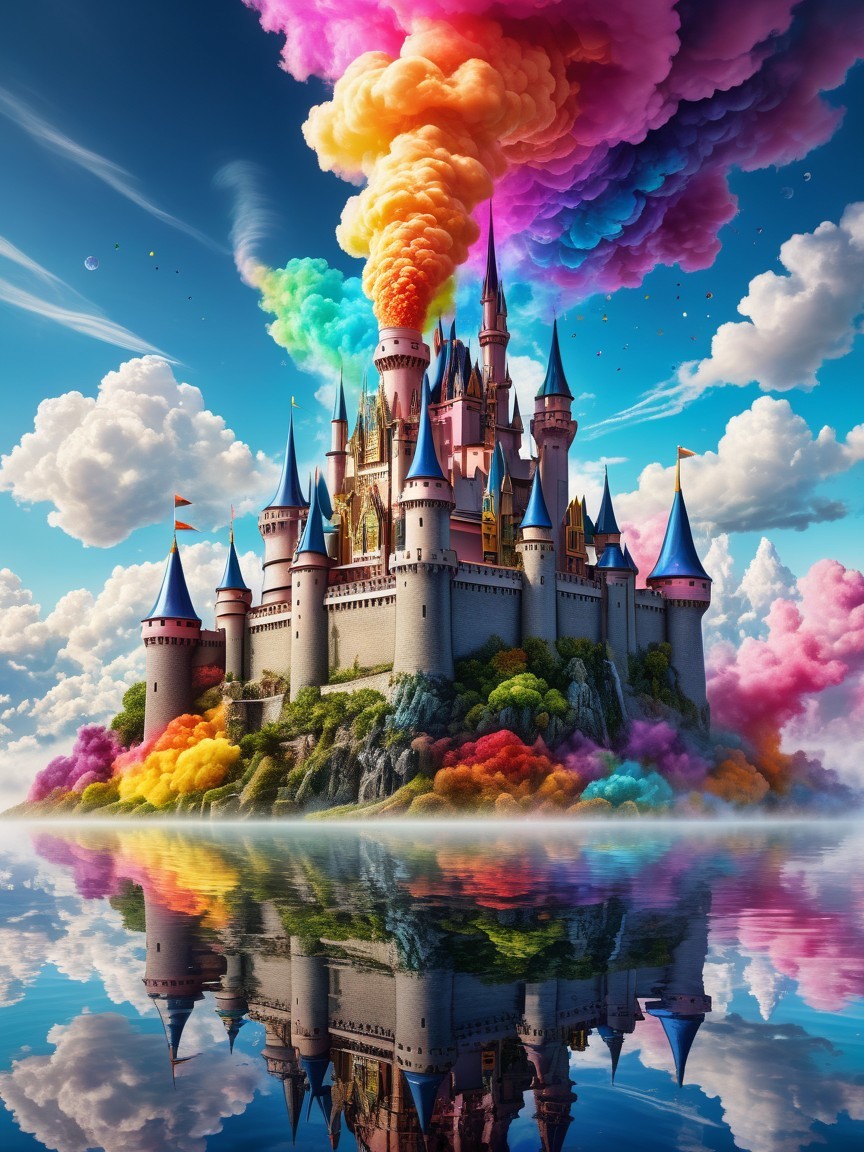 Whimsical Fairytale Castle Surrounded by Colorful Smoke