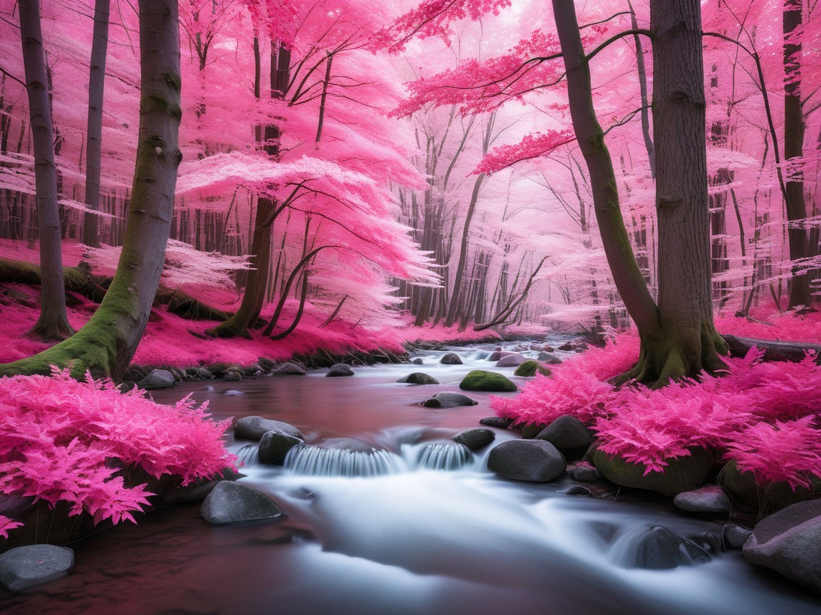 Surreal Forest Scene with Pink Leaves and Stream