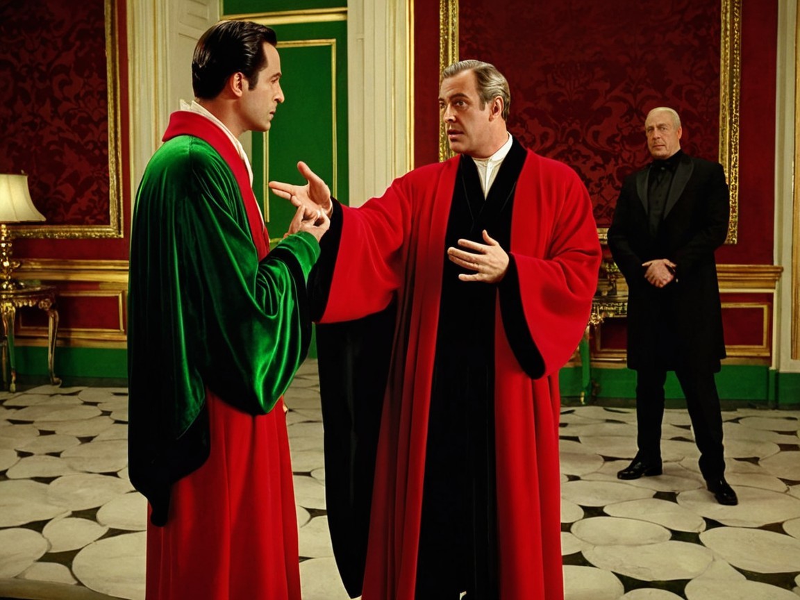 Tense Conversation in Opulent Red and Gold Room