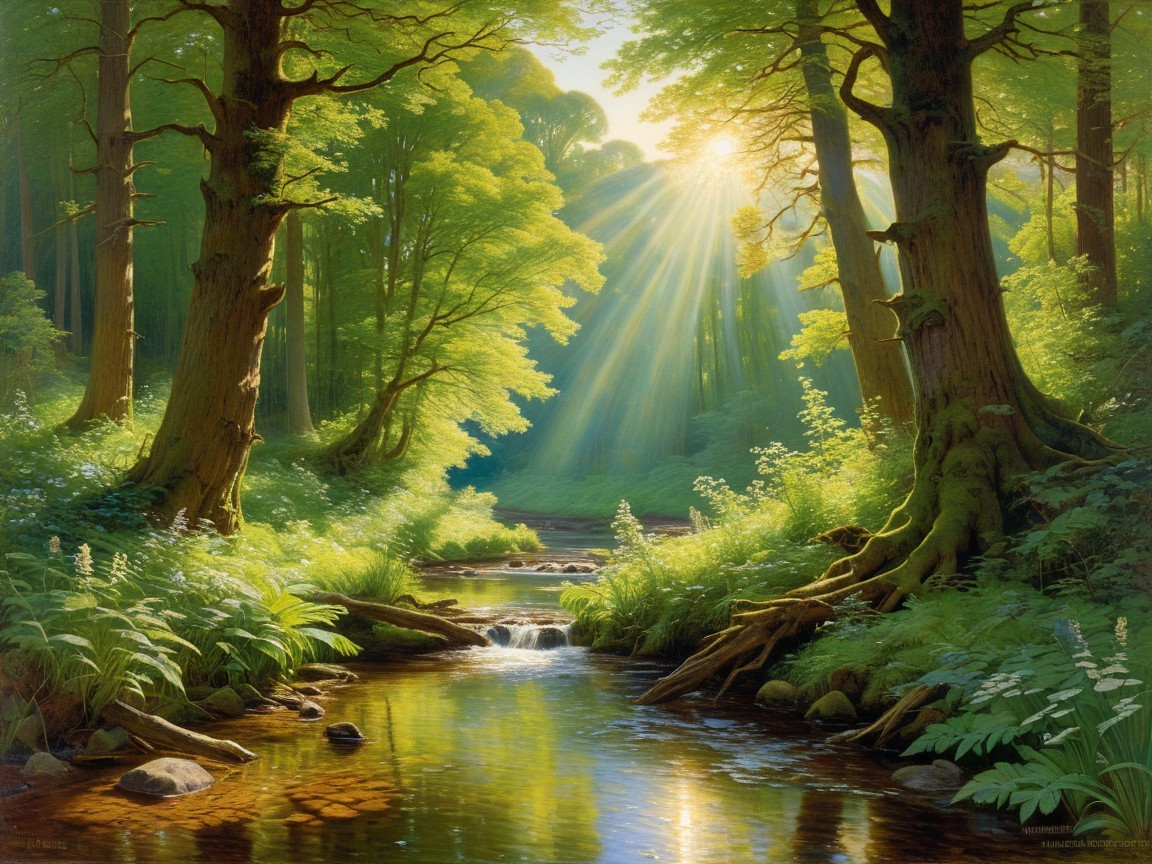 Serene Forest Scene with Sunlight and Gentle Stream