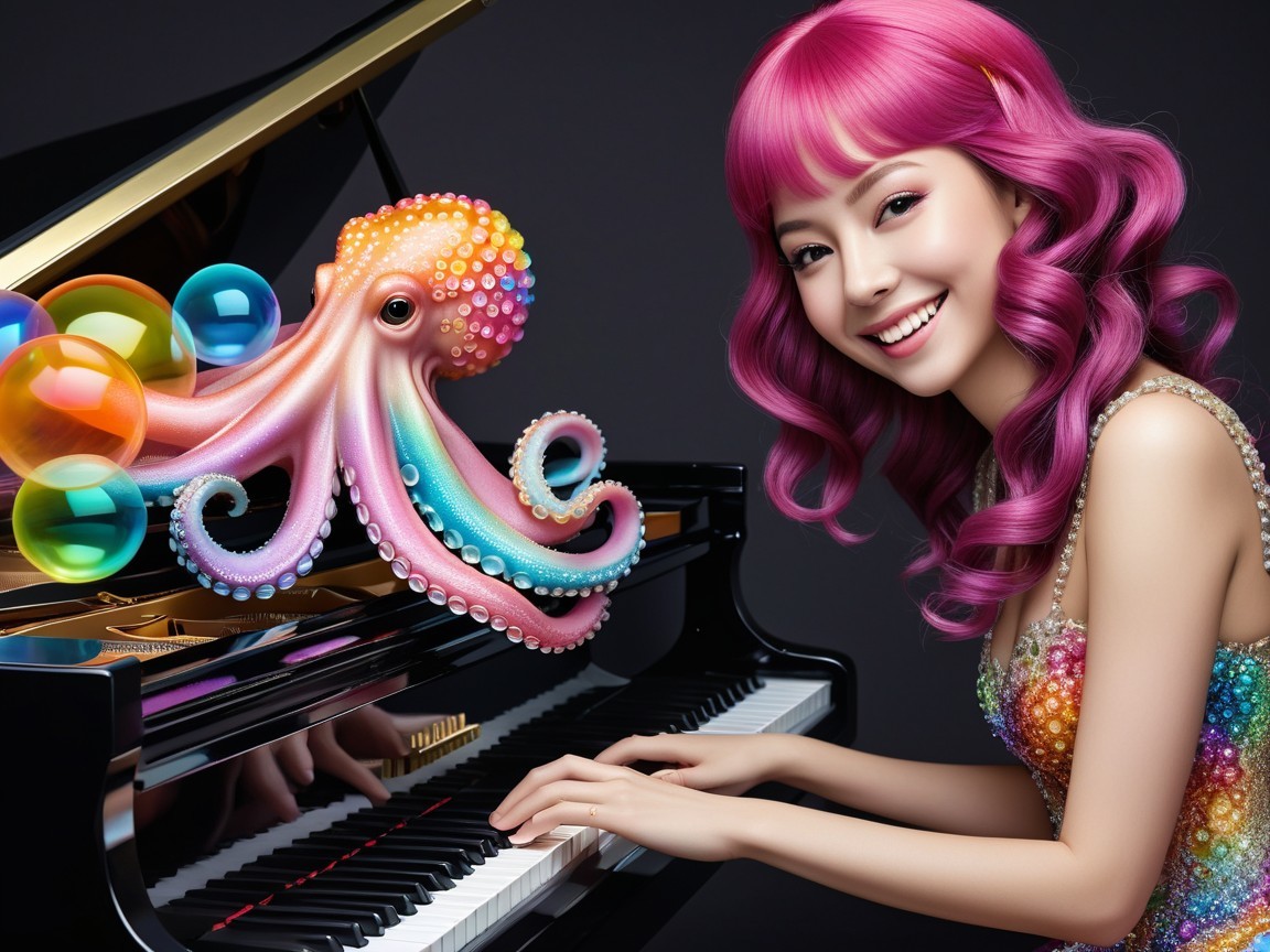 Young Woman with Pink Hair Playing Grand Piano