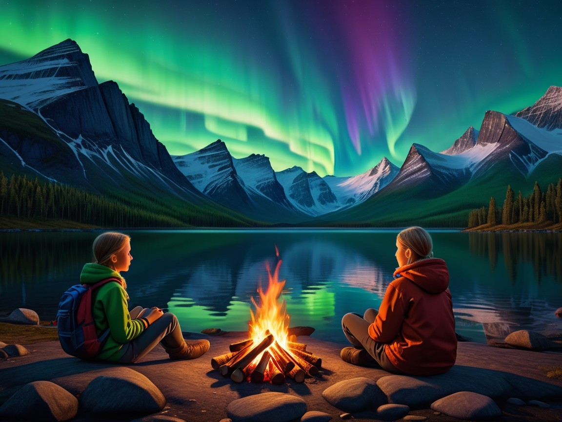Children by Campfire Under Northern Lights Reflection