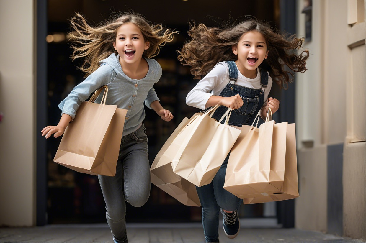 Young girls joyfully run with shopping bags in city street