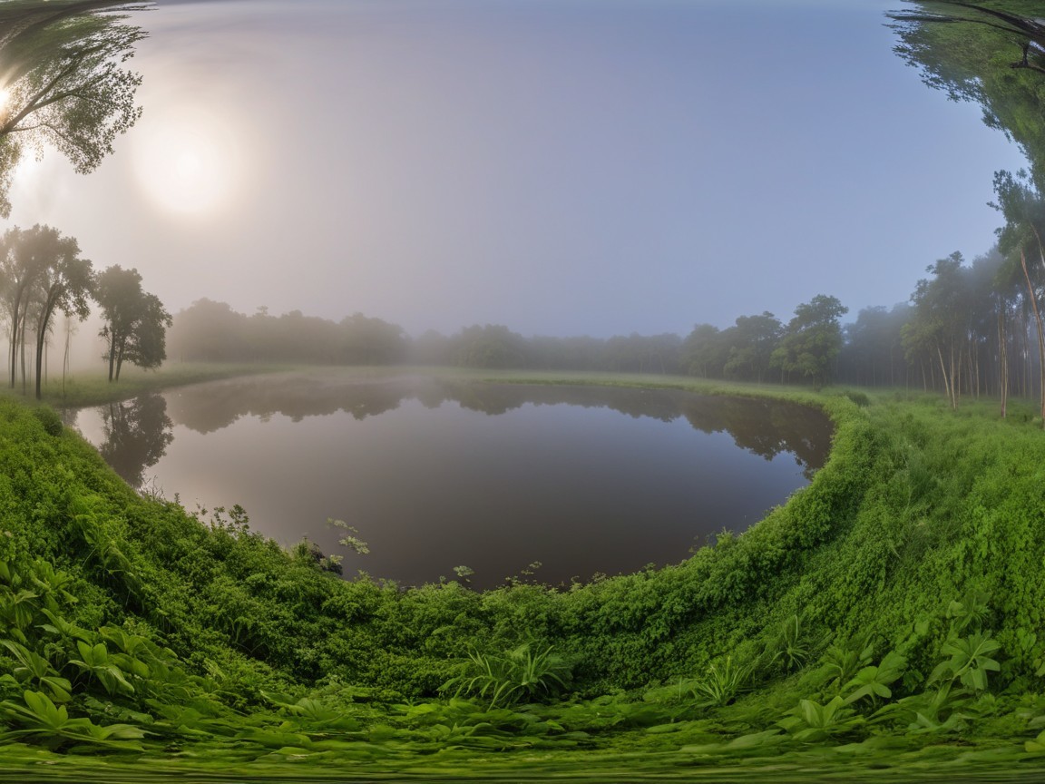 Misty Landscape with Serene Water and Lush Greenery