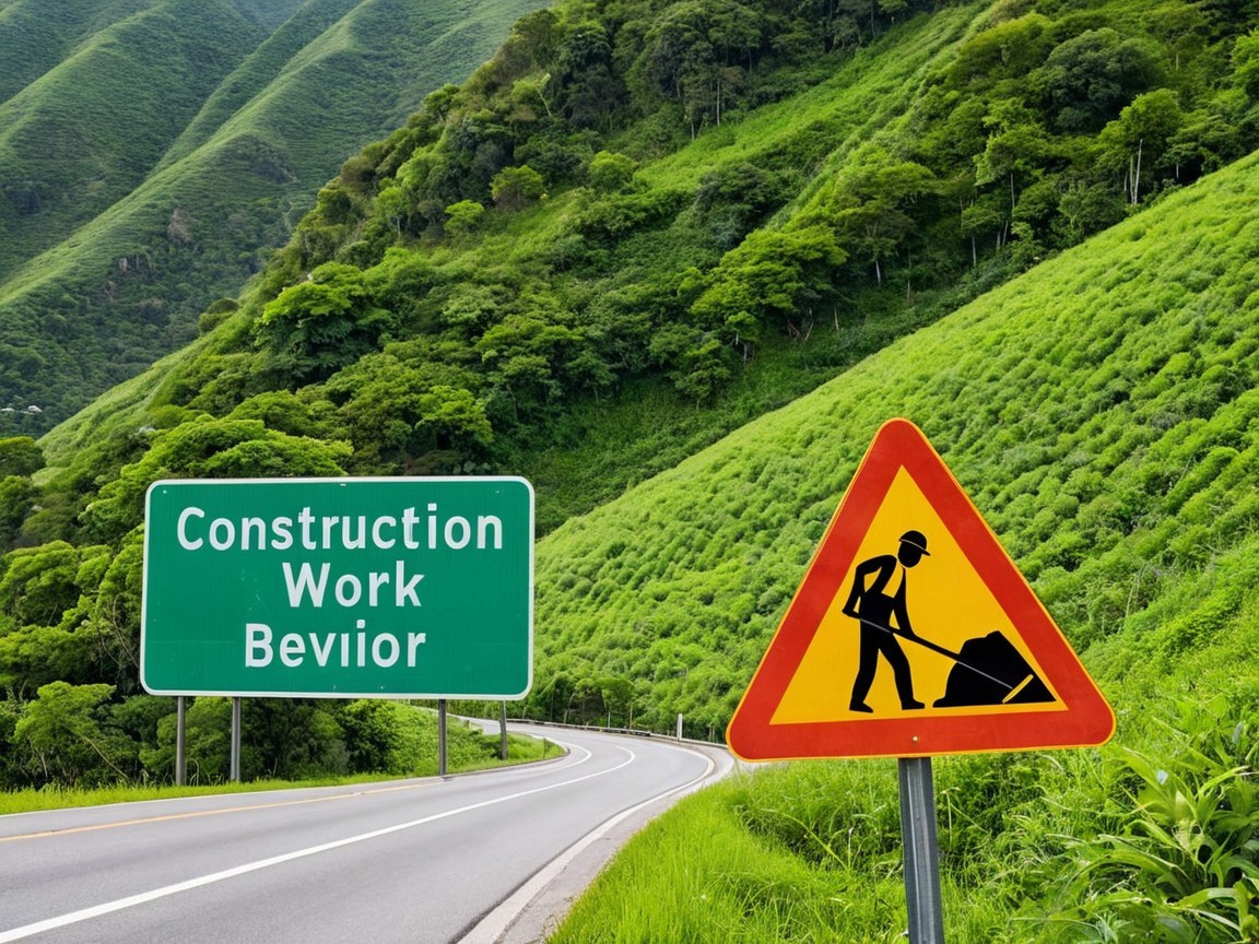 Scenic Road Through Lush Hills with Construction Signs