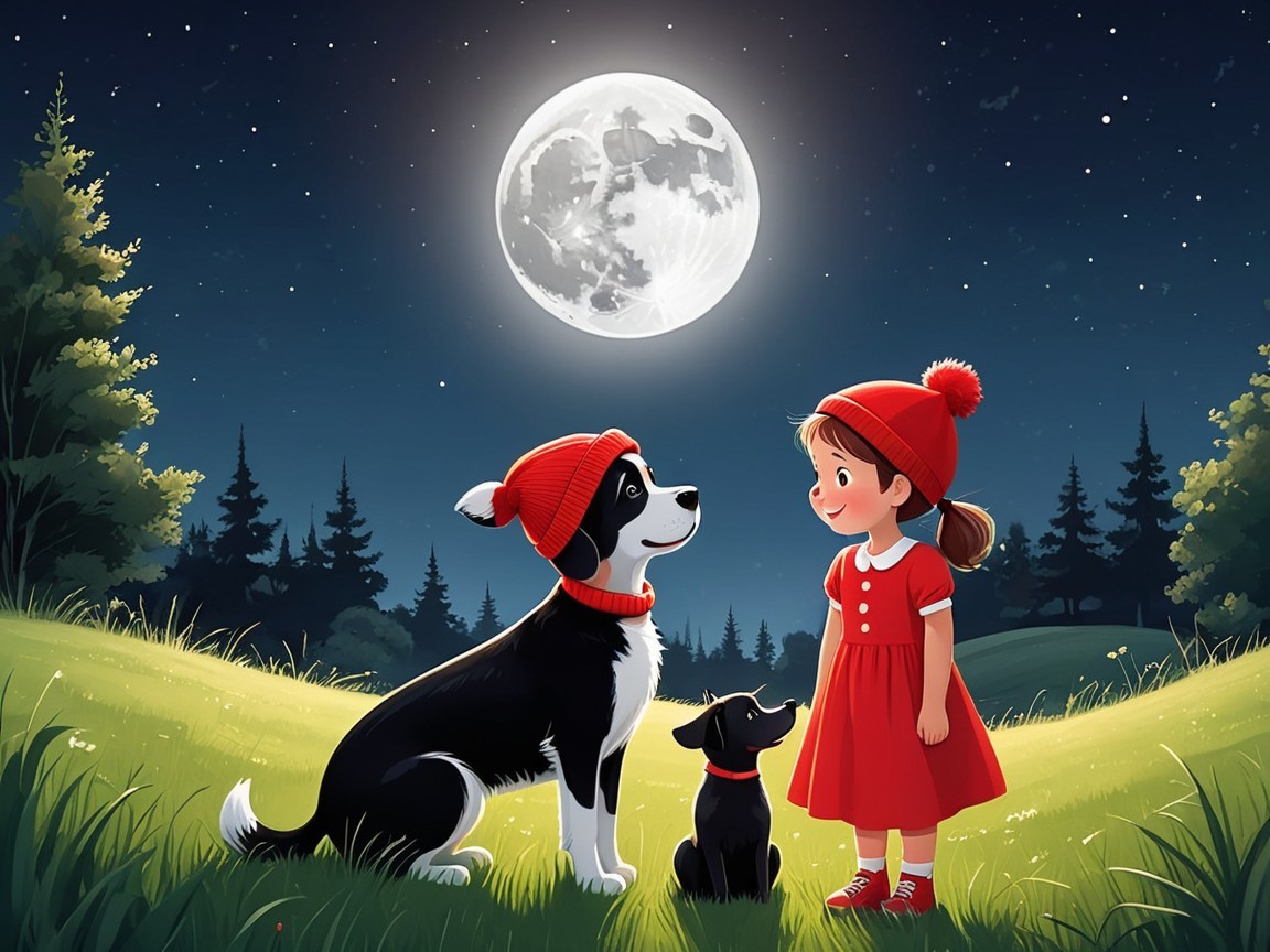 Whimsical Night Scene with Girl and Two Dogs