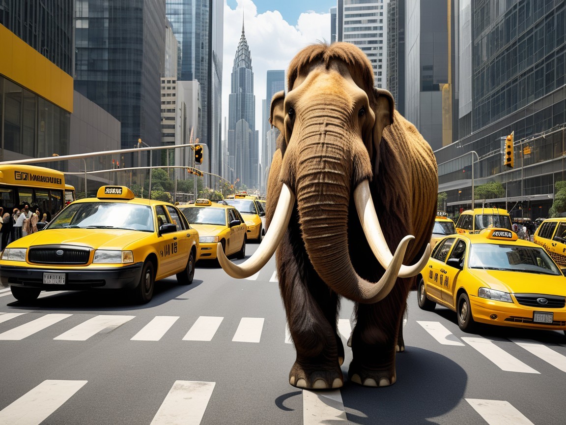 Woolly Mammoth in Urban Street with Skyscrapers