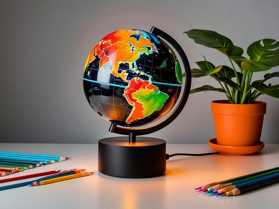Vibrant Globe and Decorative Elements in Workspace