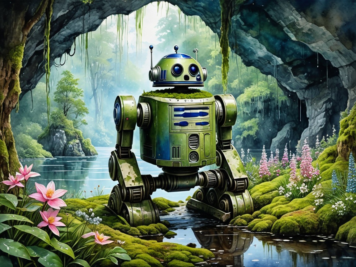 Green Robot in Verdant Cave with Flowing Water