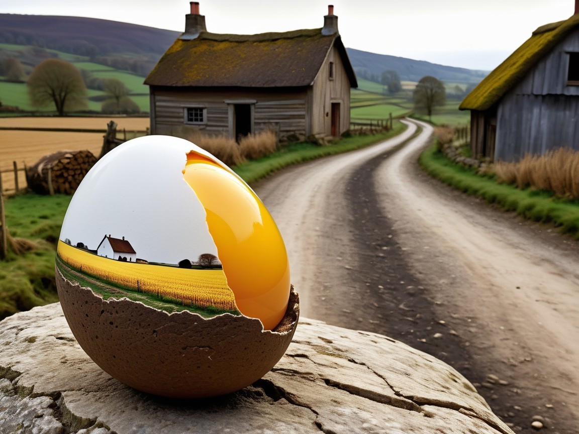 Cracked Egg on Rock with Landscape Reflection