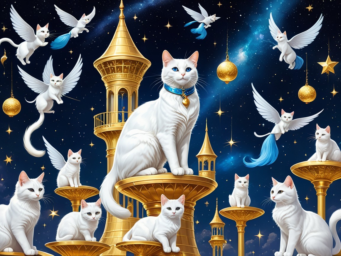 Fluffy White Cats in a Supernatural Night Sky Art