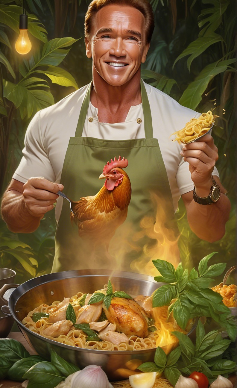 Muscular Chef in Tropical Kitchen with Pasta and Herbs