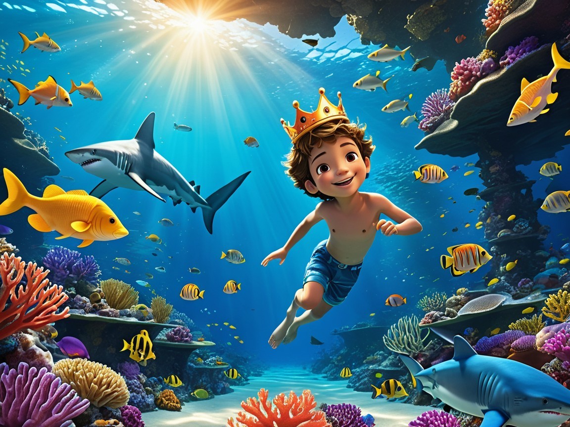 Joyful Boy Swimming in Colorful Coral Reef Scene