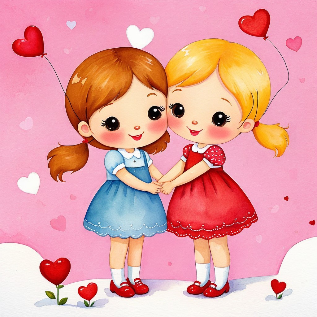 Charming watercolor illustration of chibi girls with hearts