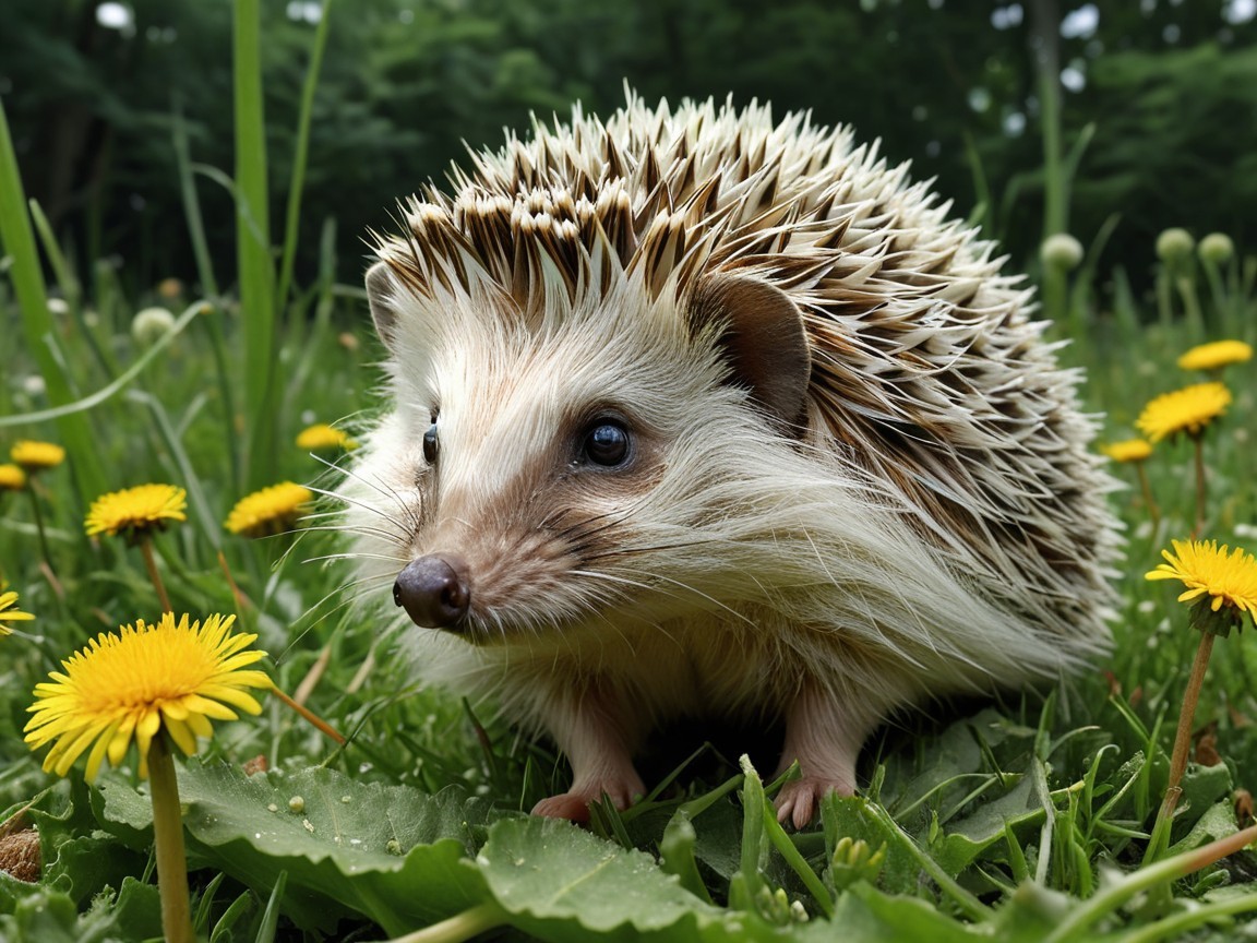 Hedgehog Among Green Grass and Yellow Dandelions