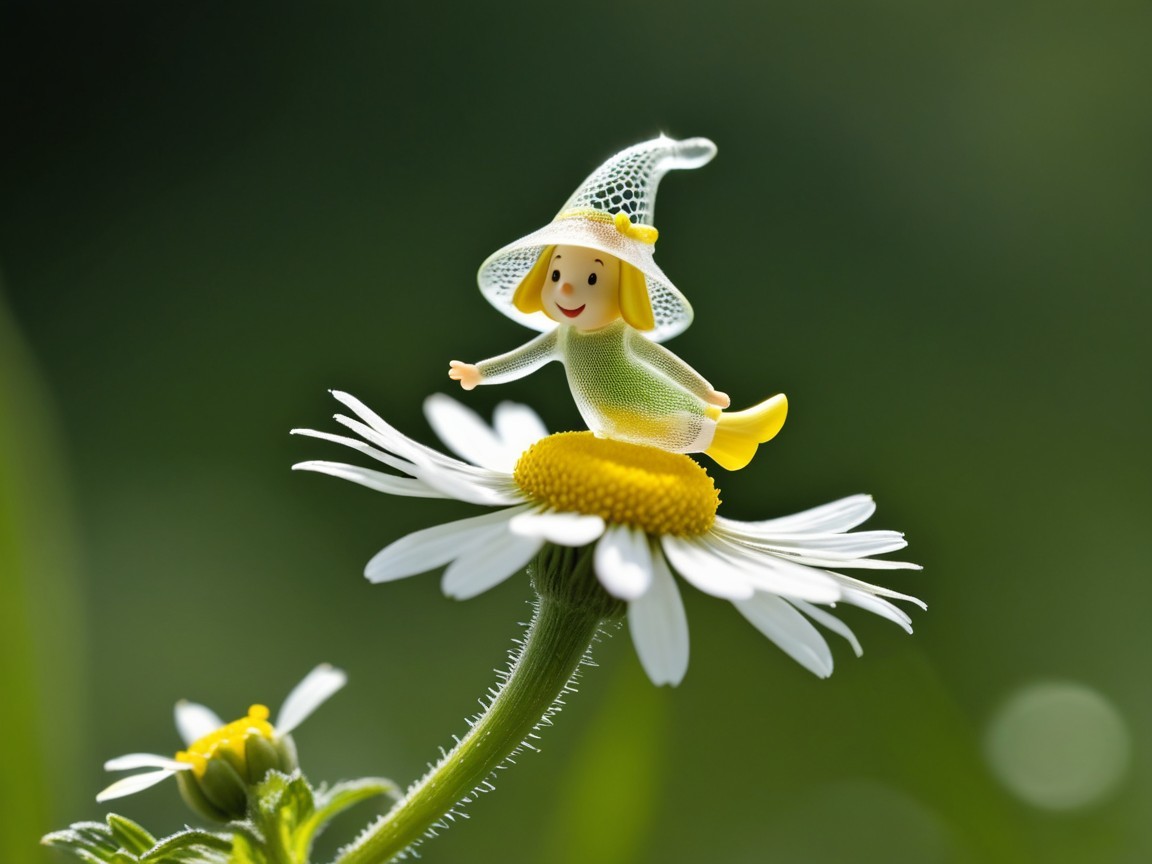 Miniature Fairy on a White Daisy in a Serene Setting