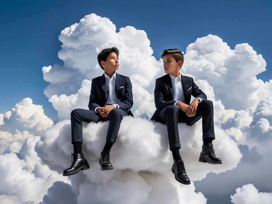 Boys in Suits Sitting on a Cloudy Sky Background