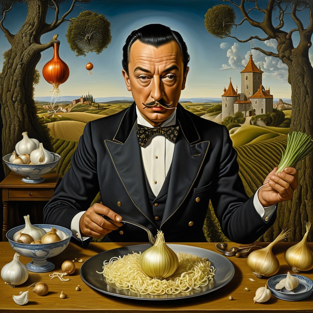 Surreal Portrait of a Man with Noodles and Onion